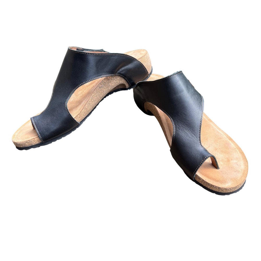 Taos Leather Toe Loop Sandals Womens 11-11.5 Black Like New Asymmetrical Slide